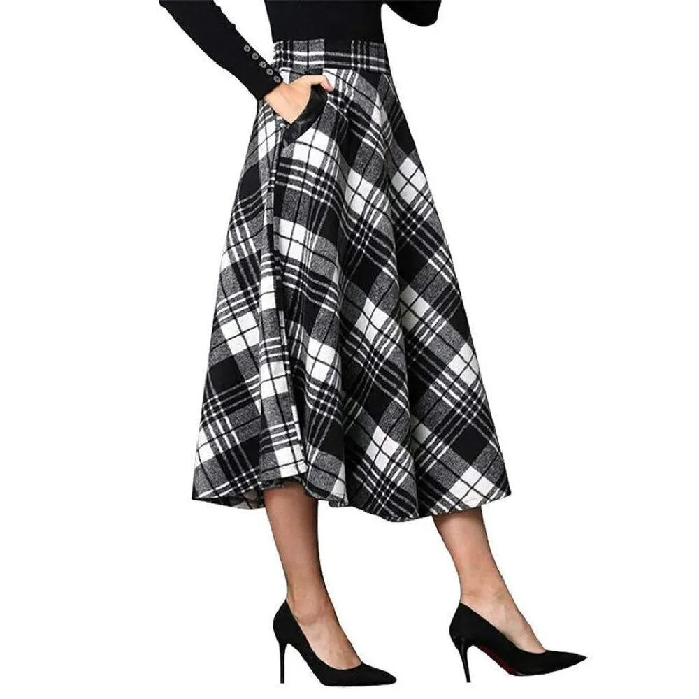 Wool Blend Midi Skirt Elastic Waist A-Line Pleated Fall Winter